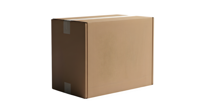 A tall closed cardboard shipping box stands isolated against a stark black background