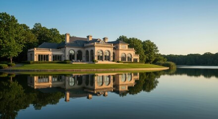 Fototapeta premium Large, light-beige mansion reflects serenely on a tranquil lake. Lush green trees border the waterfront property. A beautiful, sunlit morning scene