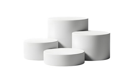 Four white cylindrical pedestals of varying heights arranged against a black background