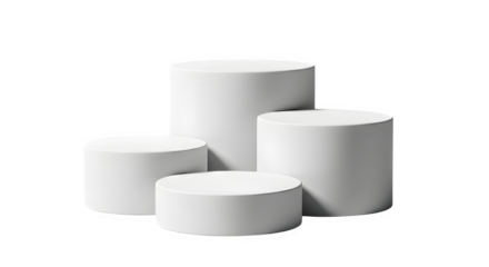 Four white cylindrical pedestals of varying heights arranged against a black background
