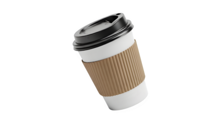 Disposable coffee cup with cardboard sleeve isolated on black background for takeaway drinks