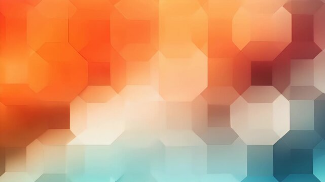 Digital art wallpaper background. An abstract geometric background with a gradient of warm and cool tones, featuring overlapping rectangles and hexagons in varying shades of orange, red, and blue.