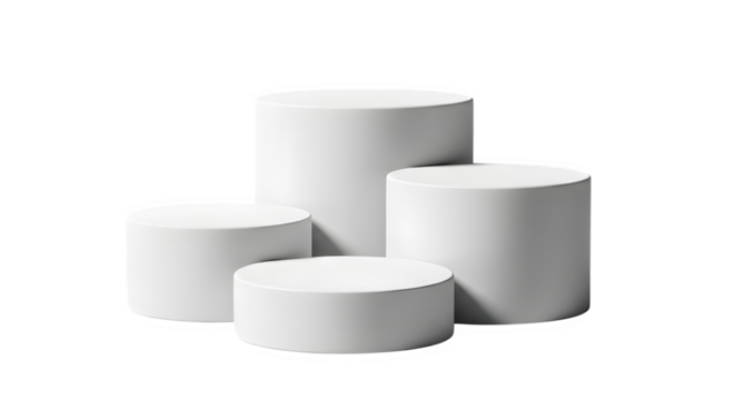 Four white cylindrical pedestals of varying heights arranged against a black background