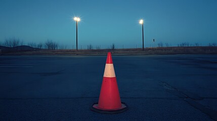 Traffic safety cone stands on empty parking lot under the blue twilight sky