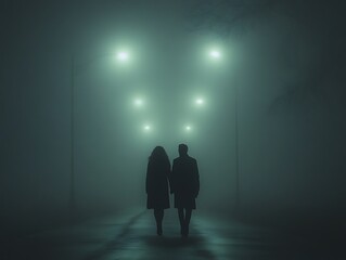Silhouette of couple walking on a road shrouded in mysterious fog at night