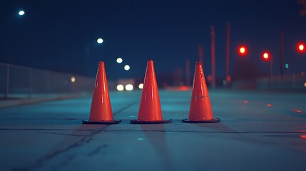 Three orange traffic cones stand guard on a stark road under a deep blue night sky
