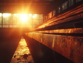 Warm illumination cascading through wooden stadium seating creating abstract