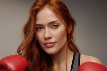Young caucasian female boxer with red hair and gloves ready for action