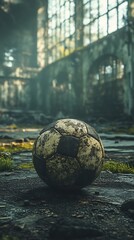 Aged soccer ball rests in the ruins of a forgotten structure, nostalgia's echo