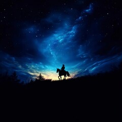 Fototapeta premium A serene silhouette of a rider on a horse against a cosmic night sky, showcasing the beauty of nature and adventure.
