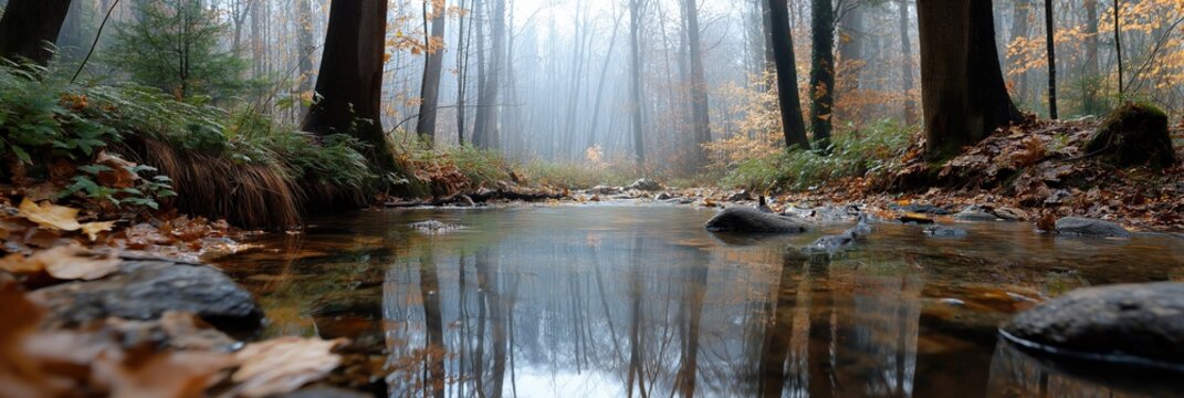 Tranquil autumn stream in misty forest surrounded by colorful foliage and tall trees