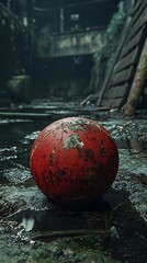 Distressed Sphere: A solitary red ball resting in a post-apocalyptic urban space