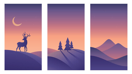Naklejka premium Minimalistic winter landscapes of dawn or sunset in nordic style. Gradient vector design in purple colors. Hand drawn original illustrations for Christmas cards