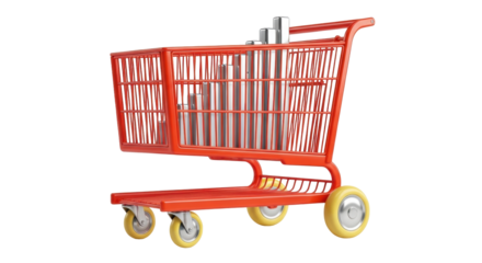 Isolated red shopping cart with bar graph, business growth, market trends, retail analysis