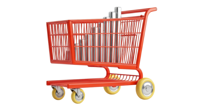 Isolated red shopping cart with bar graph, business growth, market trends, retail analysis