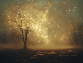 Ethereal luminescence: Whispers of light through a foggy twilight landscape
