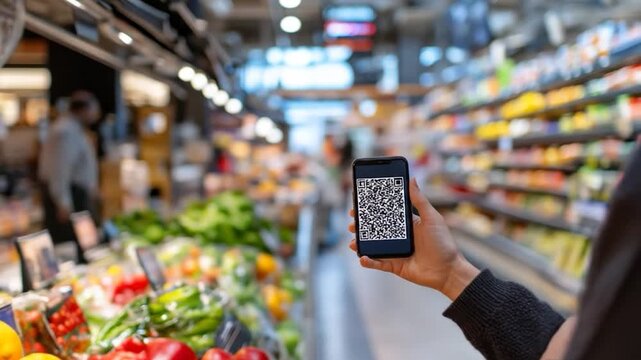 Person holding smartphone with qr code in grocery store aisle