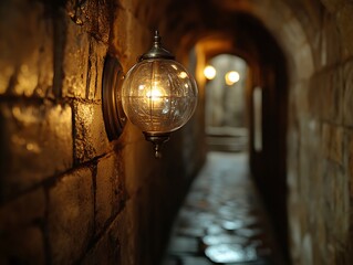 Illuminated passage: architectural exploration with aged brick and a glass sconce