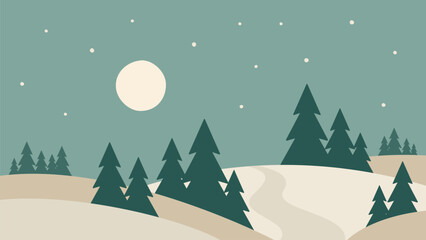 Naklejka premium Minimalistic night winter landscape in Scandinavian style. Vector art of fir tree on the hill. Hand drawn original illustration for festive Christmas cards.