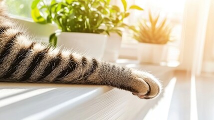 A Striped Cat's Leg Stretches Across a Sunlit Windowsill Beneath Warm Morning Light