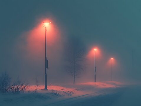 Eerie winter scene: Street lamps pierce dense fog in a snowy landscape