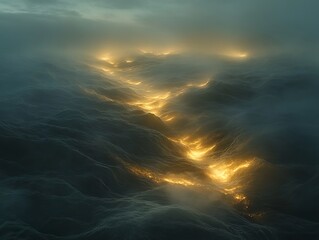 Mystical sea with sunlit waves in dark blue tones and dramatic atmosphere