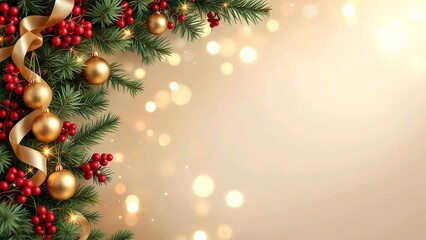 Luxurious Christmas garland border with pine branches and golden ornaments
