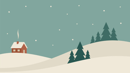 Naklejka premium Minimalistic night winter landscape in Scandinavian style. Vector art of house in snow. Hand drawn original illustration for festive Christmas cards.