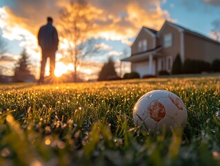 Golden hour tranquility: Silhouette figure and a soccer ball in a residential scene