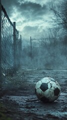 Worn soccer ball rests forlornly on a desolate field under a stormy sky