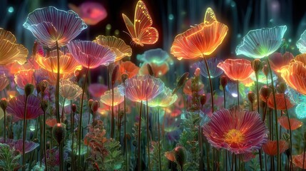 Enchanted glowing poppies and butterfly in magical night garden
