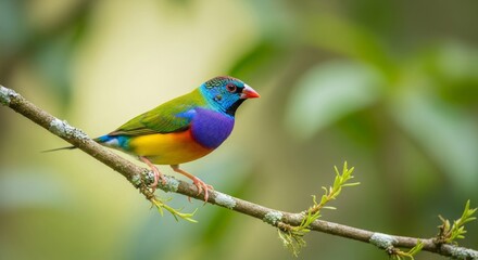 Obraz premium Finch perched on a branch with colorful plumage and delicate features. Small songbird symbolizing joy, nature, and the beauty of wild birds.