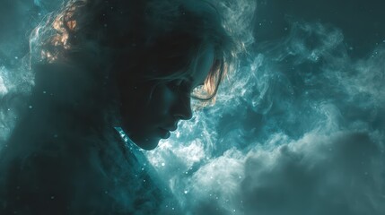 Ethereal woman underwater in flowing dress with soft light rays and dreamlike atmosphere