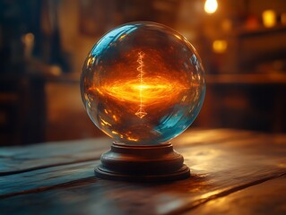 Enigmatic orb revealing luminous cosmic vortex on vintage wooden surface