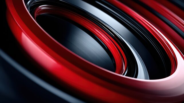 Futuristic abstract 3D design with glossy red and black curved rings on dark background
