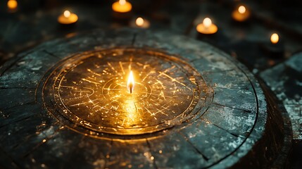 Mystical altar illuminated by candles, revealing ancient symbols and cryptic markings