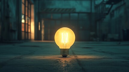 Illuminating idea, standing light bulb on the ground in industrial building