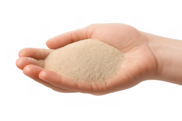 Hand holding light brown sand, symbolizing time passing, environmental care, nature, loss, control, beach, transparent background