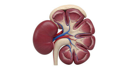Isolated kidney anatomy organ cross-section, medical illustration of urinary system structure