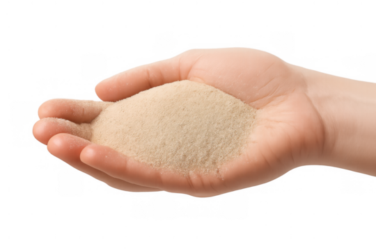 Hand holding light brown sand, symbolizing time passing, environmental care, nature, loss, control, beach, transparent background