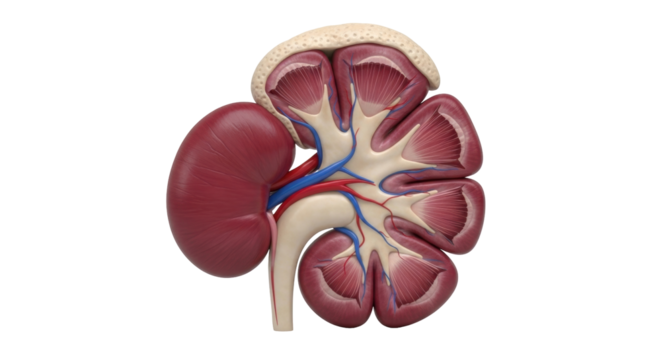 Isolated kidney anatomy organ cross-section, medical illustration of urinary system structure