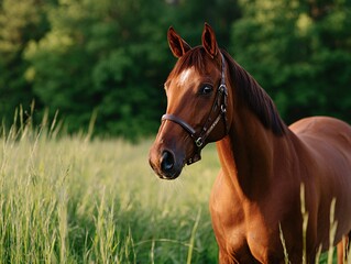 Obraz premium Majestic chestnut horse standing in sunlit green meadow