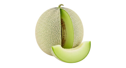 Isolated cantaloupe fruit with slice removed and set in front, healthy eating concept
