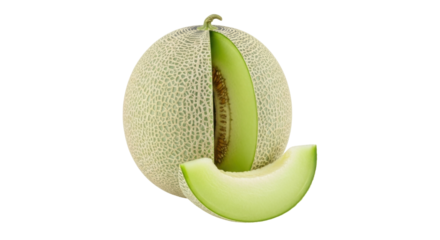 Isolated cantaloupe fruit with slice removed and set in front, healthy eating concept
