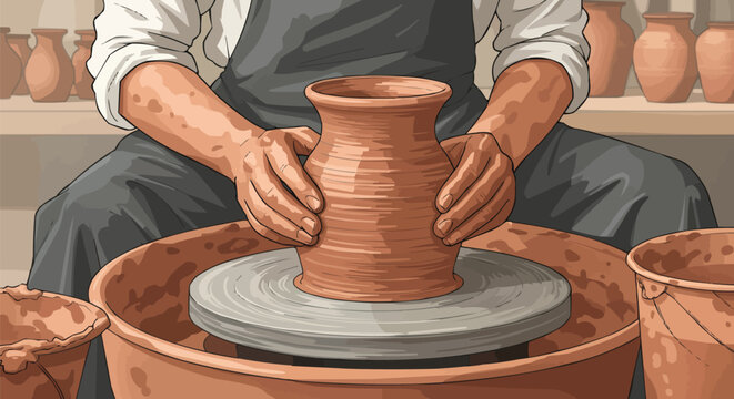 Hands of artisan potter shaping clay on pottery wheel in workshop, ceramic craft making, traditional pottery process, skilled craftsmanship - Powered by Adobe