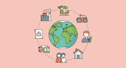 Circular Economy Concept Vector, World Globe Surrounded by Sustainable Practices, Recycling Icons, Renewable Energy, Eco-Friendly Design, Green Technology Illustration