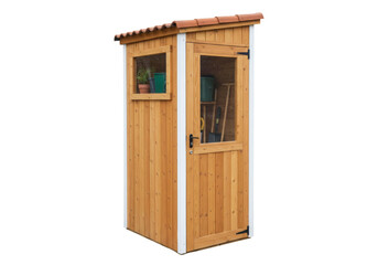 Isolated wooden garden shed with window and door, for outdoor tools and plants, storage