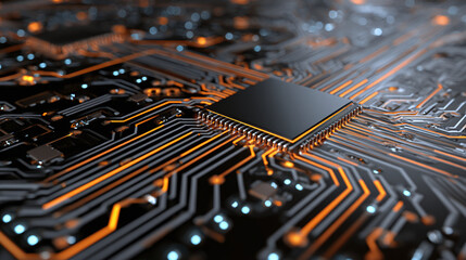 Intricate close-up of a circuit board highlighting a central processing unit
