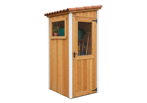 Isolated wooden garden shed with window and door, for outdoor tools and plants, storage