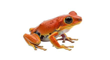 Isolated orange tree frog sitting still on flat surface, exotic amphibian for scientific study